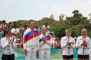 Deutsch: Beachvolleyball bei den Olympischen Jugendspielen 2018; Tag 11, 17. Oktober 2018; Mädchen, Medaillenzeremonie - Gold: Russland (Maria Woronina & Maria Botscharow), Silber: Italien (Claudia Scampoli & Nicol Bertozzi), Bronze: Norwegen (Emilie Olimstad & Frida Berntsen) English: Beach volleyball at the 2018 Summer Youth Olympics at 17 October 2018 – Girls Victory ceremony - Gold: Russia (Maria Voronina & Maria Bocharov), Silber: Italy (Claudia Scampoli & Nicol Bertozzi), Bronze: Norway (Emilie Olimstad & Frida Berntsen)