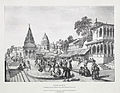 A Brahmin placing a garland on the holiest spot in the sacred city by James Prinsep 1832. Tarakeshwar temple on the left and Baba Mashan Nath temple in the center. .