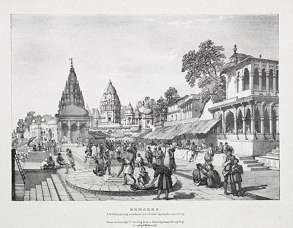 A lithograph by James Prinsep (1832) of a Brahmin placing a garland on the holiest location in the city.