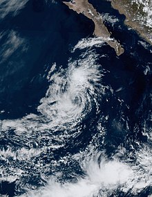 Hurricane Blas's remnant low. Note the lack of convection and fronts connected to the low. Blas 2022-06-20 1910Z.jpg