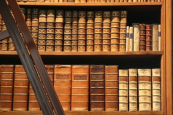 Étagères de livres anciens, dans la salle d'honneur de la Bibliothèque nationale autrichienne, reliés à la française. (définition réelle 3 015 × 2 010)