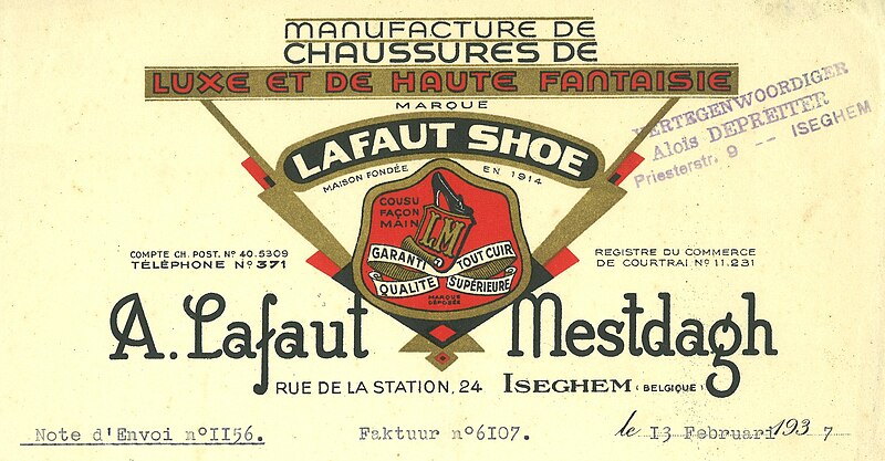 File:Briefhoofd schoenfabriek Lafaut, Lafaut Shoe, Izegem, 1937, collectie Eperon d Or, FSF 00018.jpg