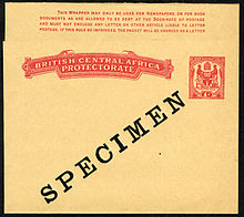 A wrapper issued in 1899 overprinted SPECIMEN. Specimen stamps and similar items were supplied to the Universal Postal Union for distribution to members. British Central Africa specimen wrapper.jpg