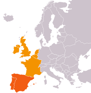 Западная Европа по версии ЦРУ. Тёмно-оранжевым — страны, относящиеся также к Юго-Западной Европе