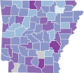 Map of the outbreak in Arkansas by confirmed new infections per 100,000 people over 14 days (last updated March 2021)   1,000+   500–1,000   200–500   100–200   50–100   20–50   10–20   0–10   No confirmed new cases or no/bad data