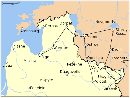 The campaigns in the final period of the Livonian War. The solid line shows the borders of Poland around 1600, with Russia located to the east