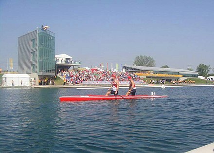 Benjamin Russell and Gabriel Beauchesne-Sevigny of Canada after the gold medal race Canoeing2015pan.jpg