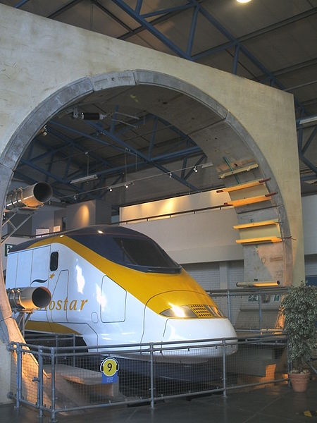The Channel Tunnel exhibit at the National Railway Museum in York, England, showing the circular cross section of the tunnel with the overhead line po