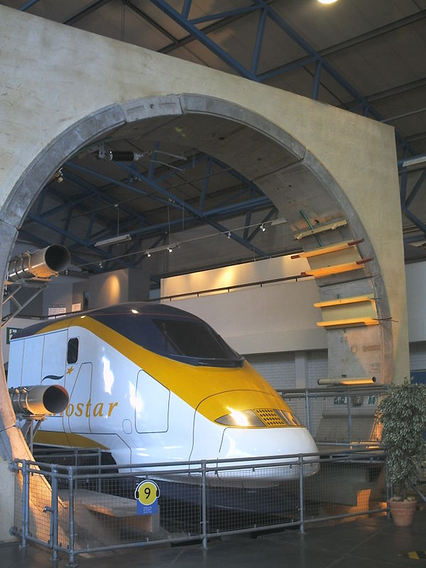 The Channel Tunnel exhibit at the National Railway Museum in York, England, showing the circular cross section of the tunnel with the overhead line po