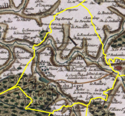 Visning af et gammelt kort, hvor nutidige territoriale grænser er tegnet.