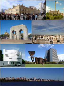 Do topo, em sentido horário: Mercado Público; Usina do Gasômetro; vista da cidade; Monumento aos Açorianos diante do prédio do Centro Administrativo do Estado; panorama da cidade a partir do lago Guaíba; sede da Fundação Iberê Camargo e o Monumento ao Expedicionário no Parque Farroupilha.