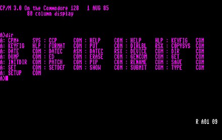 Screenshot showing a CP/M 3.0 directory listing using the DIR command on a Commodore 128 home computer