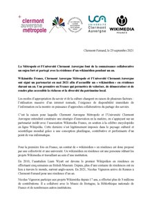 Communiqué de presse annonçant la résidence Wikimédia à Clermont Auvergne Métropole et à l'Université Clermont Auvergne
