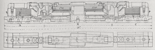Längsschnitt und Grundriss der dreiteiligen Gelenklokomotive
