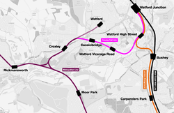 De Croxley rail link op de kaart ingetekend