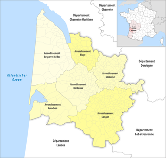 Map of arrondissements of the Gironde department. Departement Gironde Arrondissement 2017.png