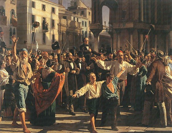 Daniele Manin carried in triumph following the liberation of Venice on 17 March 1848 (detail from a painting by Napoleone Nani, 1876).