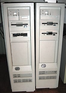 An IBM PS/2 Model 60 (left) and an PS/2 Model 80 (right) side by side. These models were IBM's first Intel-based PCs built in a tower form factor. DeuxPS2.jpg