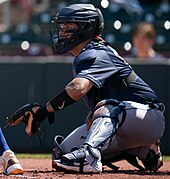 Sands catching for the Toledo Mud Hens in 2023 Donny Sands (52802964861).jpg