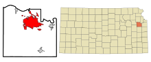 Location of Lawrence in the U.S. state of Kansas Douglas County Kansas Incorporated and Unincorporated areas Lawrence Highlighted.svg