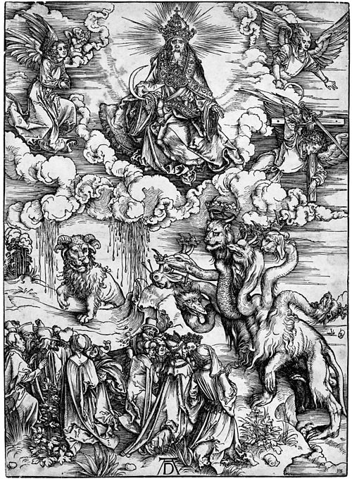 The Revelation of St John: 12. The Sea Monster and the Beast with the Lamb's Horn. A woodcut by Albrecht Dürer