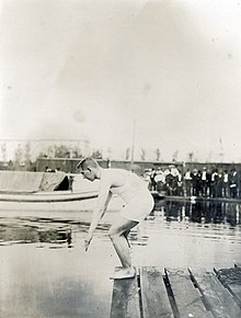 E. Rausche of Germany, winner of the one mile swimming championship, ready to start at the 1904 Olympics.jpg