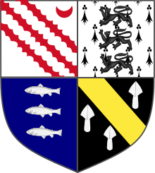 Quartered arms borne by Anson, Earl of Lichfield: Quarterly of 4: 1: Argent, three bends engrailed and in the sinister chief point a crescent gules (Anson); 2: Ermine, three cats-a-mountain passant guardant in pale sable (Adams); 3: Azure, three salmon naiant in pale per pale or and argent (Sambrooke); 4: Sable, a bend or between three spearheads argent (Carrier). Crests: 1: Out of a ducal coronet or, a spearhead proper; 2: A Greyhound's head erased ermines gorged with a collar double gemelle or. Supporters: dexter: A sea horse proper gorged with a collar double gemelle or; sinister: A lion guardant proper gorged with a collar double gemelle or Earl of Lichfield COA.svg