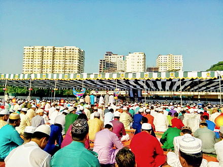 An urban congregation for Eid-ul-Azha prayers in Dhaka.