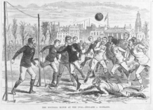 From 1866 to 1883, the laws provided for a tape between the goalposts England v Scotland 1879.png