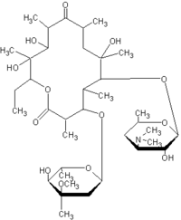 Estructura de la eritromicina mostrando el anillo macrocíclico