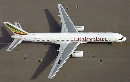 Bird's eye view of Ethiopian Airlines 757-200 ET-AMK at London Heathrow Airport