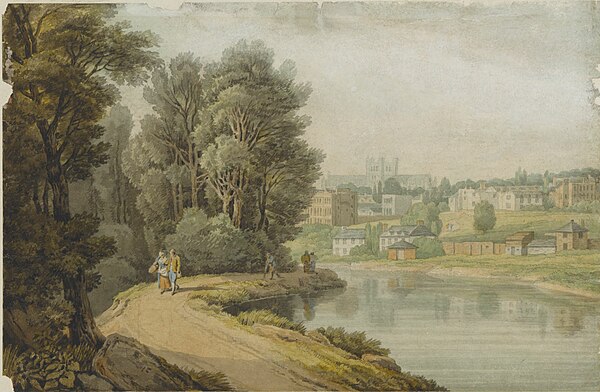 'Exeter as seen from the River'. Watercolour on paper by John White Abbott