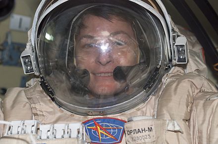 Peggy Whitson in the course of preparing for spacewalk from ISS during Expedition 5