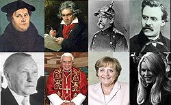 Горен ред: Лутер, Бетховен, Бисмарк, Ницше Долен ред: Аденауер, Бенедикт XVI, Ангела Меркел, Клаудия Шифер