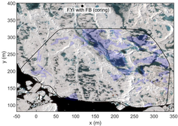 Satellite image of sea ice with blue-shaded areas for identified false bottoms using multibeam sonar measurements.