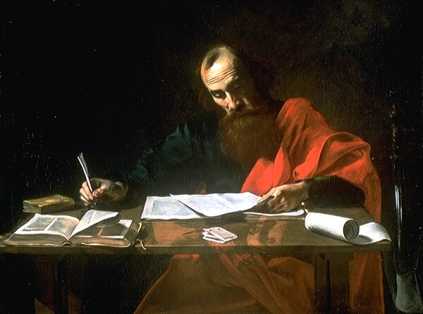 Artist depiction of Saint Paul Writing His Epistles, 16th century (Blaffer Foundation Collection, Houston, Texas). Most scholars think Paul dictated h