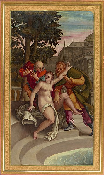 File:Folio from the Gulshan Album (Rose Garden album); Susanna at her bath surprised by the Elders ca. 1600 Freer and Sackler Gallery Washington.jpg