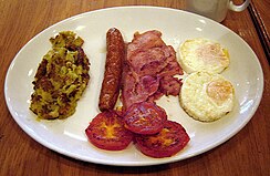 Full English breakfast with bubble and squeak, sausage, bacon, grilled tomatoes, and eggs.jpg