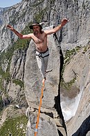 Heinz Zak [de] slacklining the spire Heinz Zak, Highline, Lost Arrow, El Capitan,Yosemites, USA.jpg