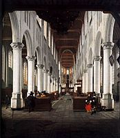 English: Interior of the Nieuwe Kerk, Delft, from beneath the Organ Loft at the Western Entrance. 1662.