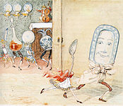 "The dish ran away with the spoon" – this image shows movement characteristic of Caldecott's illustrations