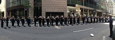 The Hurricanes horn line warming up at the Israeli Day Parade in New York City Hurcs Hornline.jpg