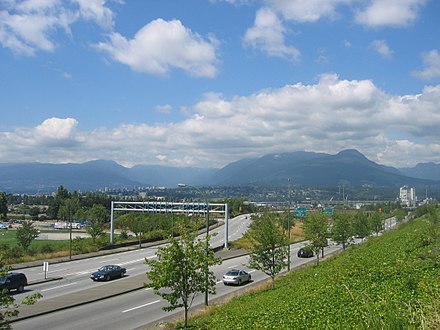 Off- and on-ramps leading to British Columbia Highway 1 in Vancouver. Highway 1 is the only controlled-access highway within the city limits.