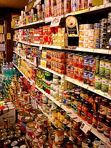 The largest exposure humans have to BPA is by mouth from such sources as food packaging, the epoxy lining of metal food and beverage cans, and plastic bottles. Import canned foods in Kobe.jpg