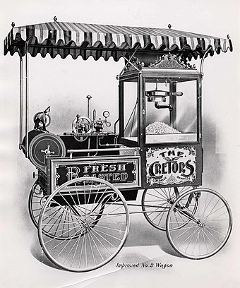 An early popcorn machine in a street cart, invented in the 1880s by Charles Cretors in Chicago.