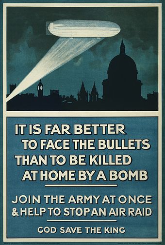 British First World War poster, bringing attention to the threat posed by aerial bombardment from German Zeppelins.