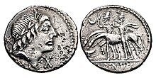 Denarius issued in 96 BC with Castor and Pollux watering their horses at the fountain of Juturna, and the laureate head of Apollo on the obverse Iuturna-fountain-denarius-96bc.jpg