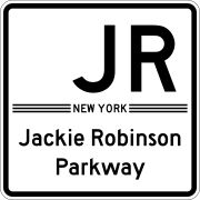 A white square, bisected horizontally by three parallel thin black lines, broken in the center by the small black text "NEW YORK". The upper half has a blank white space on the left in place of copyrighted line art of Jackie Robinson, and large black text "JR" on the right. The bottom half has the black text "Jackie Robinson Parkway".