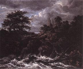 Chute d'eau avec des arbres et de l'église