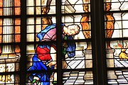 English: Detail of the stained-glass window number 27 in the Sint Janskerk at Gouda, Netherlands: "The pharisee and the publican"